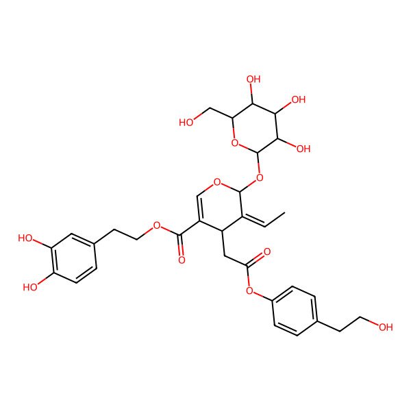 2D Structure of 2-(3,4-dihydroxyphenyl)ethyl (4S,5E,6S)-5-ethylidene-4-[2-[4-(2-hydroxyethyl)phenoxy]-2-oxoethyl]-6-[(2S,3R,4S,5S,6R)-3,4,5-trihydroxy-6-(hydroxymethyl)oxan-2-yl]oxy-4H-pyran-3-carboxylate