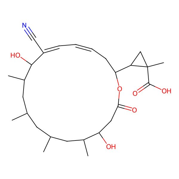 2D Structure of (1R,2S)-2-[(2R,4E,6E,8R,9R,11R,13R,15S,16S)-7-cyano-8,16-dihydroxy-9,11,13,15-tetramethyl-18-oxo-1-oxacyclooctadeca-4,6-dien-2-yl]-1-methylcyclopropane-1-carboxylic acid