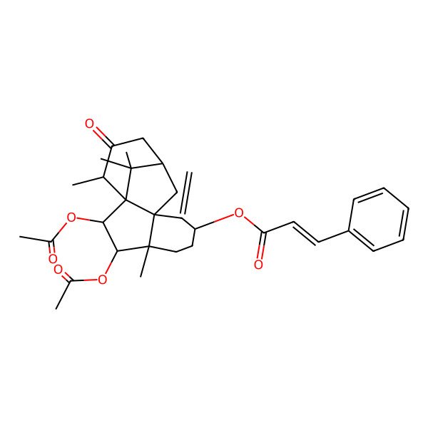 2D Structure of (2,3-Diacetyloxy-4,14,15,15-tetramethyl-8-methylidene-13-oxo-7-tetracyclo[9.3.1.01,9.04,9]pentadecanyl) 3-phenylprop-2-enoate