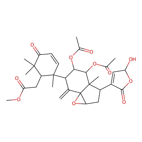 2D Structure of methyl 2-[2-[4,5-diacetyloxy-3-(2-hydroxy-5-oxo-2H-furan-4-yl)-3a-methyl-7-methylidene-1a,2,3,4,5,6-hexahydroindeno[1,7a-b]oxiren-6-yl]-2,6,6-trimethyl-5-oxocyclohex-3-en-1-yl]acetate