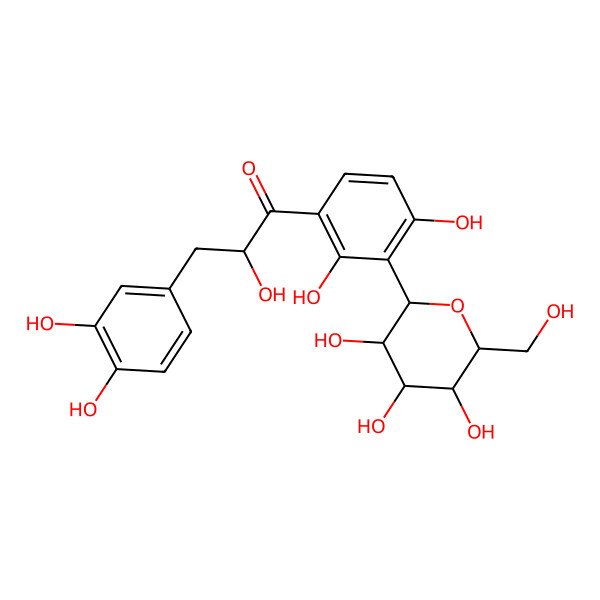 2D Structure of (2S)-3-(3,4-dihydroxyphenyl)-1-[2,4-dihydroxy-3-[(2R,3S,4S,5R,6S)-3,4,5-trihydroxy-6-(hydroxymethyl)oxan-2-yl]phenyl]-2-hydroxypropan-1-one