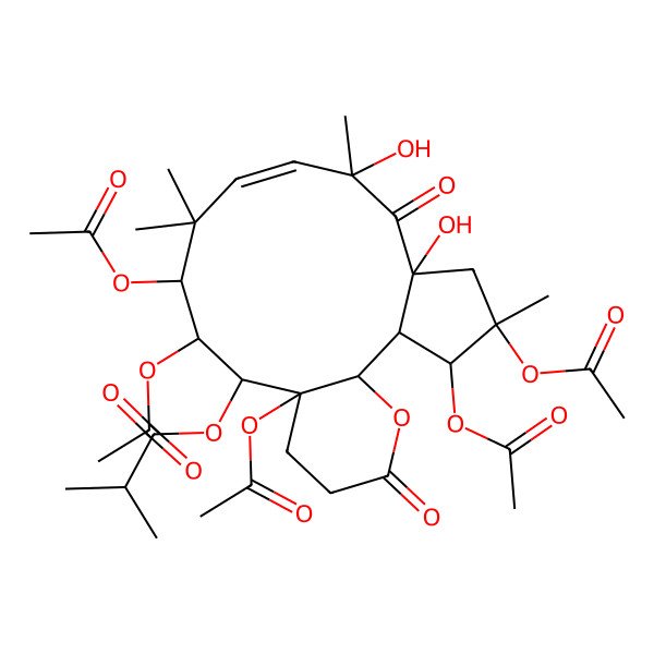 2D Structure of (3,4,12,13,15-Pentaacetyloxy-6,8-dihydroxy-4,8,11,11-tetramethyl-7,18-dioxo-19-oxatricyclo[13.4.0.02,6]nonadec-9-en-14-yl) 2-methylpropanoate