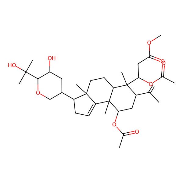 2D Structure of Methyl 3-acetyloxy-3-[9-acetyloxy-3-[5-hydroxy-6-(2-hydroxypropan-2-yl)oxan-3-yl]-3a,6,9a-trimethyl-7-prop-1-en-2-yl-2,3,4,5,5a,7,8,9-octahydrocyclopenta[a]naphthalen-6-yl]propanoate