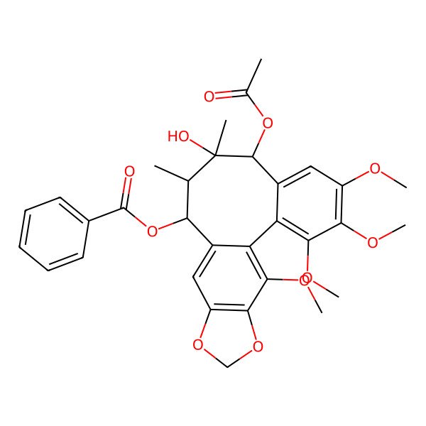 2D Structure of (8-Acetyloxy-9-hydroxy-3,4,5,19-tetramethoxy-9,10-dimethyl-15,17-dioxatetracyclo[10.7.0.02,7.014,18]nonadeca-1(19),2,4,6,12,14(18)-hexaen-11-yl) benzoate