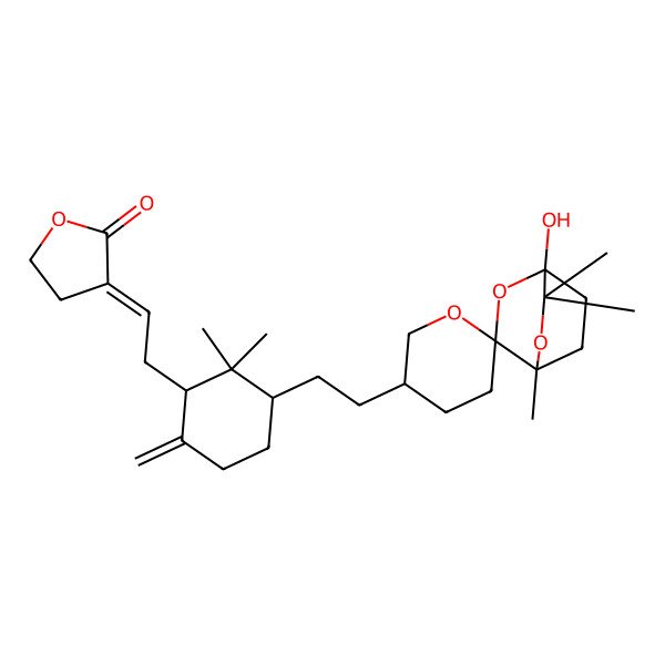 2D Structure of (3E)-3-[2-[(1S,3R)-3-[2-[(1S,3S,3'R,4S)-1-hydroxy-4,6,6-trimethylspiro[2,5-dioxabicyclo[2.2.2]octane-3,6'-oxane]-3'-yl]ethyl]-2,2-dimethyl-6-methylidenecyclohexyl]ethylidene]oxolan-2-one