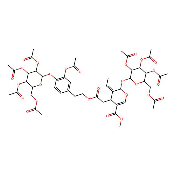2D Structure of methyl (5E,6S)-4-[2-[2-[3-acetyloxy-4-[(3R,4S,5R,6R)-3,4,5-triacetyloxy-6-(acetyloxymethyl)oxan-2-yl]oxyphenyl]ethoxy]-2-oxoethyl]-5-ethylidene-6-[(3R,4S,5R,6R)-3,4,5-triacetyloxy-6-(acetyloxymethyl)oxan-2-yl]oxy-4H-pyran-3-carboxylate