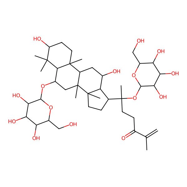 2D Structure of 6-[3,12-dihydroxy-4,4,8,10,14-pentamethyl-6-[3,4,5-trihydroxy-6-(hydroxymethyl)oxan-2-yl]oxy-2,3,5,6,7,9,11,12,13,15,16,17-dodecahydro-1H-cyclopenta[a]phenanthren-17-yl]-2-methyl-6-[3,4,5-trihydroxy-6-(hydroxymethyl)oxan-2-yl]oxyhept-1-en-3-one