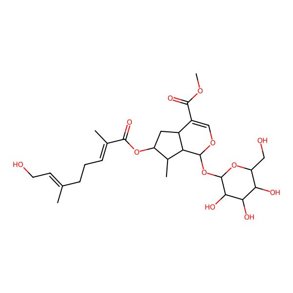 2D Structure of methyl (1S,4aS,6S,7R,7aS)-6-[(2E,6Z)-8-hydroxy-2,6-dimethylocta-2,6-dienoyl]oxy-7-methyl-1-[(2S,3R,4S,5S,6R)-3,4,5-trihydroxy-6-(hydroxymethyl)oxan-2-yl]oxy-1,4a,5,6,7,7a-hexahydrocyclopenta[c]pyran-4-carboxylate