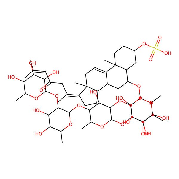 2D Structure of [(3S,5S,6S,8S,10S,13S,14S,17E)-6-[(2R,3R,4S,5R,6R)-4-[(2S,3R,4S,5S,6R)-5-[(2S,3R,4S,5R,6R)-4,5-dihydroxy-6-methyl-3-[(2S,3R,4S,5R,6R)-3,4,5-trihydroxy-6-methyloxan-2-yl]oxyoxan-2-yl]oxy-4-hydroxy-6-methyl-3-[(2S,3R,4S,5S,6R)-3,4,5-trihydroxy-6-methyloxan-2-yl]oxyoxan-2-yl]oxy-3,5-dihydroxy-6-methyloxan-2-yl]oxy-10,13-dimethyl-17-(6-methyl-4-oxohept-5-en-2-ylidene)-1,2,3,4,5,6,7,8,12,14,15,16-dodecahydrocyclopenta[a]phenanthren-3-yl] hydrogen sulfate