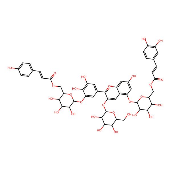 2D Structure of [(2R,3S,4S,5S,6S)-6-[5-[5-[(2S,3S,4S,5S,6R)-6-[3-(3,4-dihydroxyphenyl)prop-2-enoyloxymethyl]-3,4,5-trihydroxyoxan-2-yl]oxy-7-hydroxy-3-[(2S,3R,4S,5S,6R)-3,4,5-trihydroxy-6-(hydroxymethyl)oxan-2-yl]oxychromenylium-2-yl]-2,3-dihydroxyphenoxy]-3,4,5-trihydroxyoxan-2-yl]methyl 3-(4-hydroxyphenyl)prop-2-enoate