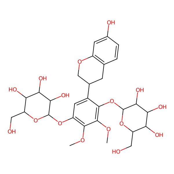2D Structure of (2S,3R,4S,5R,6R)-2-[5-[(3R)-7-hydroxy-3,4-dihydro-2H-chromen-3-yl]-2,3-dimethoxy-4-[(2S,3S,4S,5R,6S)-3,4,5-trihydroxy-6-(hydroxymethyl)oxan-2-yl]oxyphenoxy]-6-(hydroxymethyl)oxane-3,4,5-triol