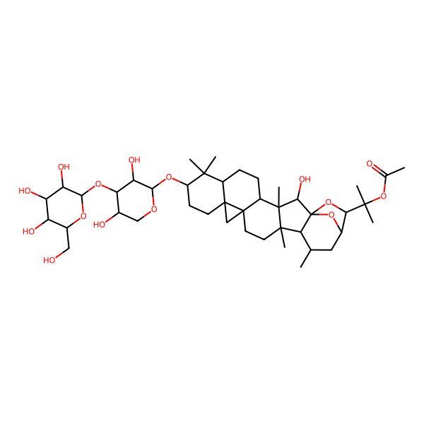 2D Structure of 2-[(1S,2R,3S,4R,7R,9S,12R,14S,17R,18R,19R,21R,22S)-9-[(2S,3R,4S,5R)-3,5-dihydroxy-4-[(2S,3R,4S,5S,6R)-3,4,5-trihydroxy-6-(hydroxymethyl)oxan-2-yl]oxyoxan-2-yl]oxy-2-hydroxy-3,8,8,17,19-pentamethyl-23,24-dioxaheptacyclo[19.2.1.01,18.03,17.04,14.07,12.012,14]tetracosan-22-yl]propan-2-yl acetate