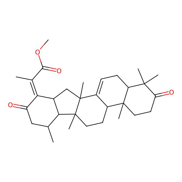 2D Structure of methyl (2Z)-2-[(4aR,4bS,6aR,6bS,7R,10aR,11aR,13aR)-1,1,4a,6a,7,11a-hexamethyl-2,9-dioxo-3,4,4b,5,6,6b,7,8,10a,11,13,13a-dodecahydroindeno[2,1-a]phenanthren-10-ylidene]propanoate
