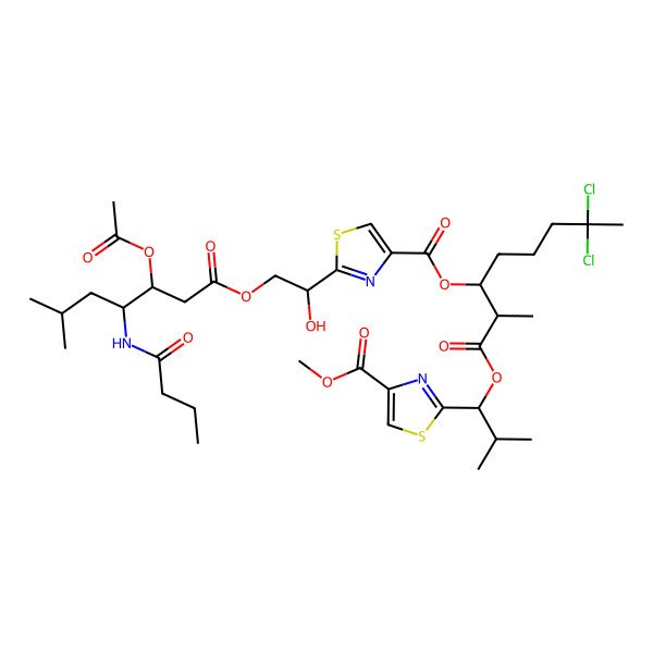 2D Structure of [7,7-Dichloro-1-[1-(4-methoxycarbonyl-1,3-thiazol-2-yl)-2-methylpropoxy]-2-methyl-1-oxooctan-3-yl] 2-[2-[3-acetyloxy-4-(butanoylamino)-6-methylheptanoyl]oxy-1-hydroxyethyl]-1,3-thiazole-4-carboxylate