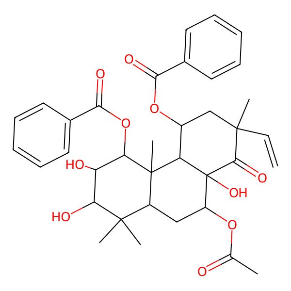 2D Structure of (10-acetyloxy-5-benzoyloxy-2-ethenyl-6,7,10a-trihydroxy-2,4b,8,8-tetramethyl-1-oxo-4,4a,5,6,7,8a,9,10-octahydro-3H-phenanthren-4-yl) benzoate 2D Structure of (10-acetyloxy-5-benzoyloxy-2-ethenyl-6,7,10a-trihydroxy-2,4b,8,8-tetramethyl-1-oxo-4,4a,5,6,7,8a,9,10-octahydro-3H-phenanthren-4-yl) benzoate