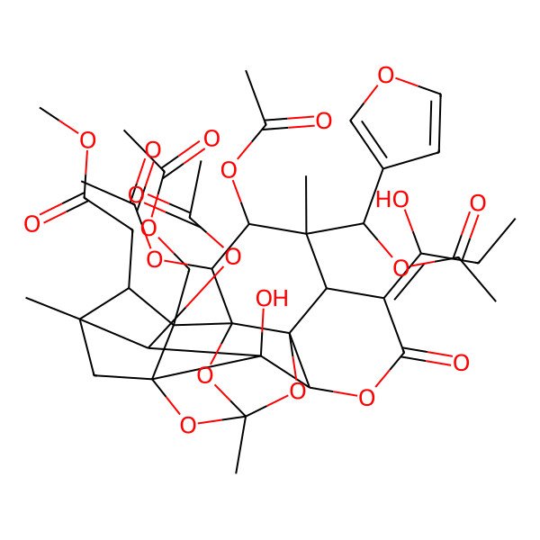 2D Structure of Methyl 2-[2,3,16-triacetyloxy-4-[acetyloxy(furan-3-yl)methyl]-19-(acetyloxymethyl)-15-hydroxy-6-(1-hydroxypropylidene)-4,12,17-trimethyl-7-oxo-8,11,13,20-tetraoxaheptacyclo[10.7.1.114,17.01,10.05,10.09,15.014,19]henicosan-18-yl]acetate