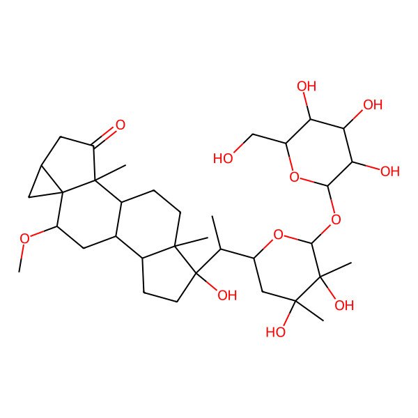 2D Structure of (1S,2R,5S,7R,8R,10S,11S,14S,15S)-14-[(1R)-1-[(2R,4R,5R,6S)-4,5-dihydroxy-4,5-dimethyl-6-[(2S,3R,4S,5S,6R)-3,4,5-trihydroxy-6-(hydroxymethyl)oxan-2-yl]oxyoxan-2-yl]ethyl]-14-hydroxy-8-methoxy-2,15-dimethylpentacyclo[8.7.0.02,7.05,7.011,15]heptadecan-3-one