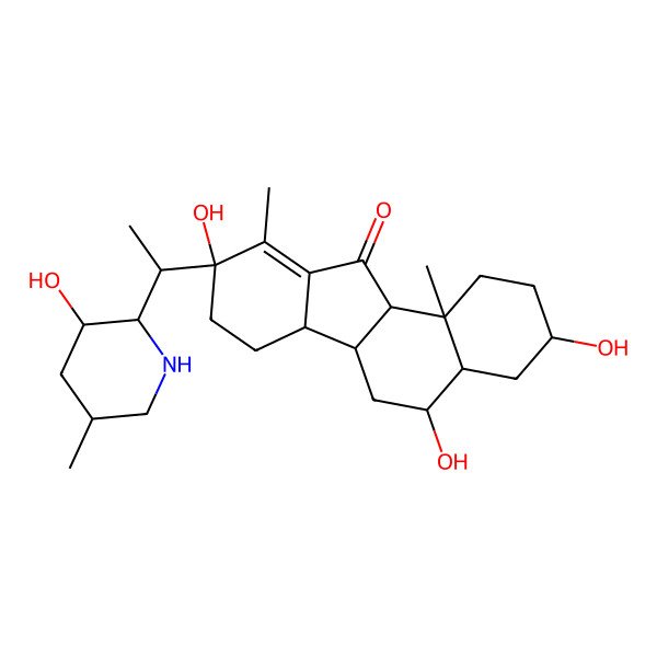 2D Structure of 3,5,9-Trihydroxy-9-[1-(3-hydroxy-5-methylpiperidin-2-yl)ethyl]-10,11b-dimethyl-1,2,3,4,4a,5,6,6a,6b,7,8,11a-dodecahydrobenzo[a]fluoren-11-one