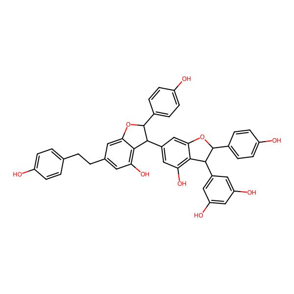2D Structure of 5-[(2R,3R)-4-hydroxy-6-[(2S,3S)-4-hydroxy-2-(4-hydroxyphenyl)-6-[2-(4-hydroxyphenyl)ethyl]-2,3-dihydro-1-benzofuran-3-yl]-2-(4-hydroxyphenyl)-2,3-dihydro-1-benzofuran-3-yl]benzene-1,3-diol