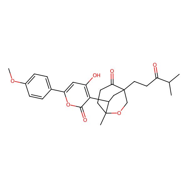 2D Structure of 9-[4-Hydroxy-6-(4-methoxyphenyl)-2-oxopyran-3-yl]-5-methyl-1-(4-methyl-3-oxopentyl)-6-oxabicyclo[3.2.2]nonan-2-one