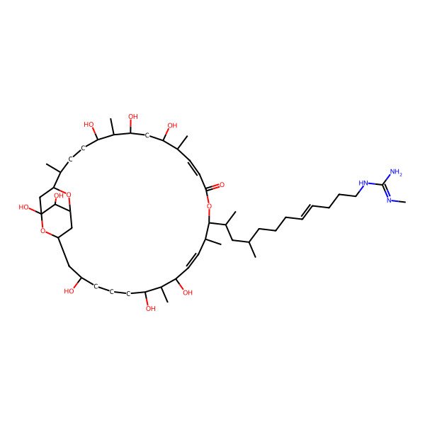 2D Structure of 2-Methyl-1-[9-methyl-11-(1,5,9,11,21,23,25,32-octahydroxy-10,14,20,24,28-pentamethyl-17-oxo-2,16,30-trioxatricyclo[27.3.1.13,31]tetratriaconta-12,18-dien-15-yl)dodec-4-enyl]guanidine
