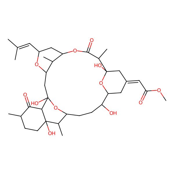 2D Structure of methyl (2Z)-2-[(1S,3S,5S,7S,10S,11S,15R,16R,19R,20R,21R,24R,26S,29R)-1,11,16,21-tetrahydroxy-10,20,24,29-tetramethyl-5-(2-methylprop-1-enyl)-9,25-dioxo-4,8,27,28-tetraoxapentacyclo[17.7.1.13,7.111,15.021,26]nonacosan-13-ylidene]acetate