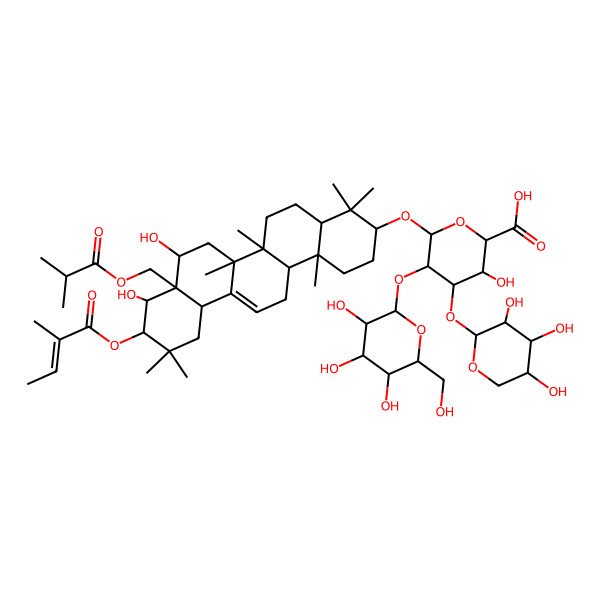 2D Structure of 6-[[8,9-Dihydroxy-4,4,6a,6b,11,11,14b-heptamethyl-10-(2-methylbut-2-enoyloxy)-8a-(2-methylpropanoyloxymethyl)-1,2,3,4a,5,6,7,8,9,10,12,12a,14,14a-tetradecahydropicen-3-yl]oxy]-3-hydroxy-5-[3,4,5-trihydroxy-6-(hydroxymethyl)oxan-2-yl]oxy-4-(3,4,5-trihydroxyoxan-2-yl)oxyoxane-2-carboxylic acid
