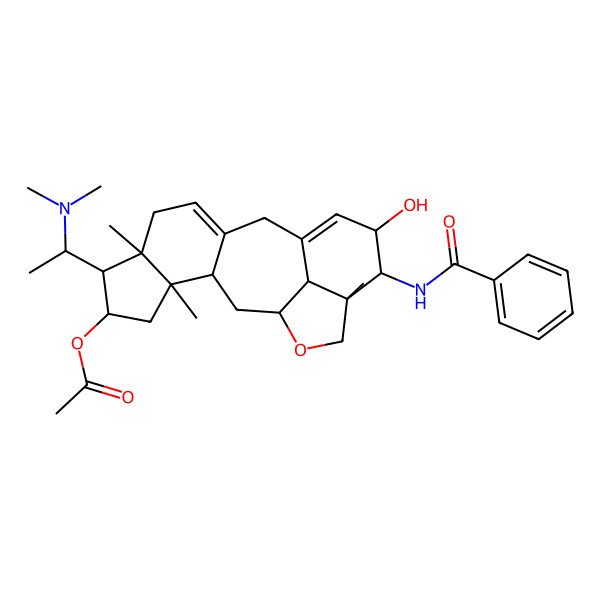2D Structure of [(1S,3R,4S,6R,7S,8R,15R,16R,17S,20R)-16-benzamido-7-[(1S)-1-(dimethylamino)ethyl]-15-hydroxy-4,8,17-trimethyl-19-oxapentacyclo[11.6.1.03,11.04,8.017,20]icosa-10,13-dien-6-yl] acetate