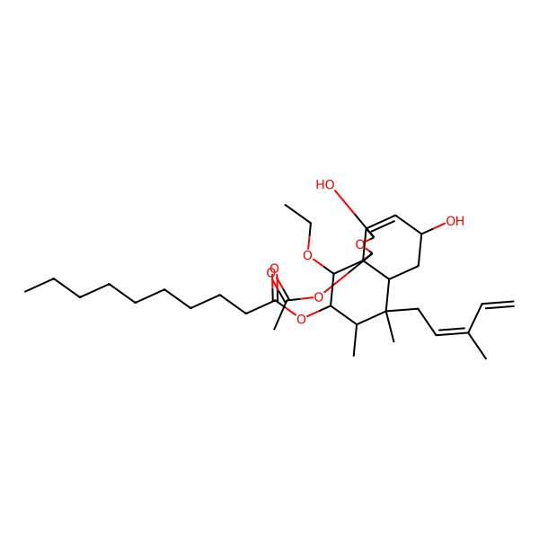 2D Structure of [(1R,3S,5R,6aR,7R,8R,9S,10S,10aR)-1-acetyloxy-10-ethoxy-3,5-dihydroxy-7,8-dimethyl-7-[(2Z)-3-methylpenta-2,4-dienyl]-1,3,5,6,6a,8,9,10-octahydrobenzo[d][2]benzofuran-9-yl] decanoate