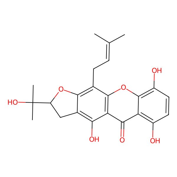 2D Structure of 4,6,9-Trihydroxy-2-(2-hydroxypropan-2-yl)-11-(3-methylbut-2-enyl)-2,3-dihydrofuro[3,2-b]xanthen-5-one