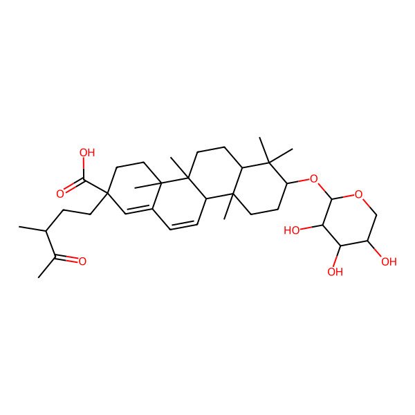 2D Structure of (2S,4aS,4bR,6aR,8S,10aS,10bR)-4a,4b,7,7,10a-pentamethyl-2-[(3R)-3-methyl-4-oxopentyl]-8-[(2S,3R,4S,5S)-3,4,5-trihydroxyoxan-2-yl]oxy-4,5,6,6a,8,9,10,10b-octahydro-3H-chrysene-2-carboxylic acid