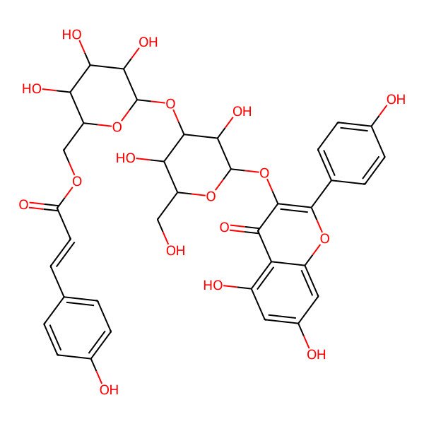 2D Structure of [(2R,3S,4S,5R,6S)-6-[(2S,3R,4S,5R,6R)-2-[5,7-dihydroxy-2-(4-hydroxyphenyl)-4-oxochromen-3-yl]oxy-3,5-dihydroxy-6-(hydroxymethyl)oxan-4-yl]oxy-3,4,5-trihydroxyoxan-2-yl]methyl (E)-3-(4-hydroxyphenyl)prop-2-enoate