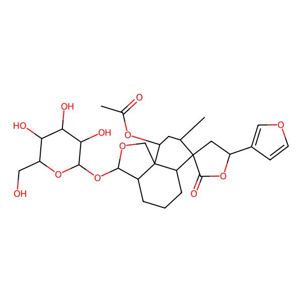 2D Structure of [5'-(Furan-3-yl)-8-methyl-2'-oxo-3-[3,4,5-trihydroxy-6-(hydroxymethyl)oxan-2-yl]oxyspiro[1,3,3a,4,5,6,6a,8,9,10-decahydrobenzo[d][2]benzofuran-7,3'-oxolane]-10-yl] acetate