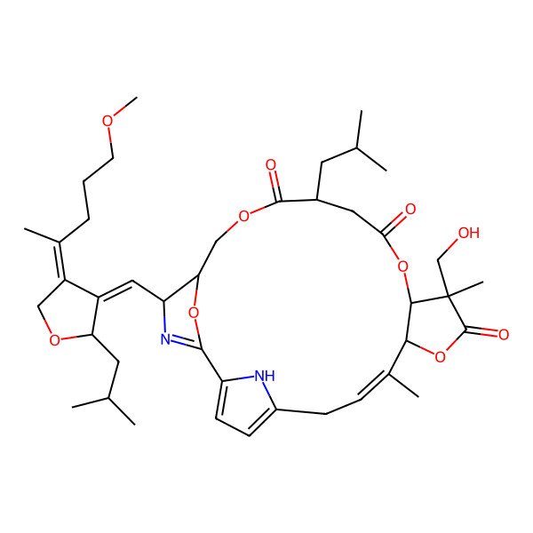 2D Structure of (7E,9R,12R,13R,17S,21R,22S)-12-(hydroxymethyl)-22-[(Z)-[(2S,4Z)-4-(5-methoxypentan-2-ylidene)-2-(2-methylpropyl)oxolan-3-ylidene]methyl]-8,12-dimethyl-17-(2-methylpropyl)-10,14,19,24-tetraoxa-23,25-diazatetracyclo[19.2.1.12,5.09,13]pentacosa-1(23),2,4,7-tetraene-11,15,18-trione