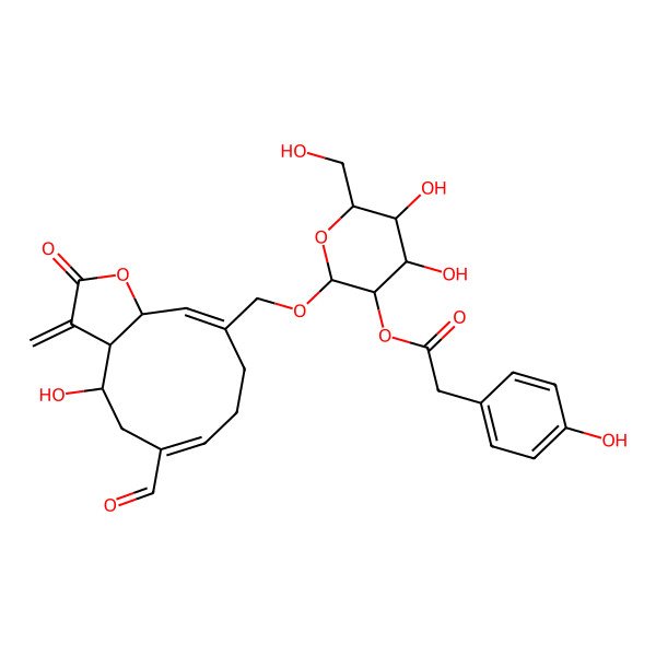 2D Structure of [2-[[(3aR,4S,6E,10Z,11aR)-6-formyl-4-hydroxy-3-methylidene-2-oxo-3a,4,5,8,9,11a-hexahydrocyclodeca[b]furan-10-yl]methoxy]-4,5-dihydroxy-6-(hydroxymethyl)oxan-3-yl] 2-(4-hydroxyphenyl)acetate