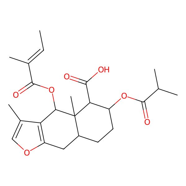 2D Structure of 3,4a-dimethyl-4-(2-methylbut-2-enoyloxy)-6-(2-methylpropanoyloxy)-5,6,7,8,8a,9-hexahydro-4H-benzo[f][1]benzofuran-5-carboxylic acid