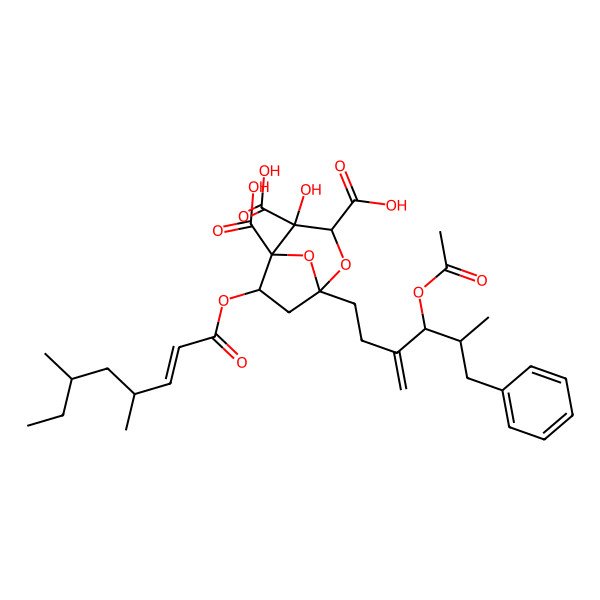 2D Structure of 1-(4-Acetyloxy-5-methyl-3-methylidene-6-phenylhexyl)-6-(4,6-dimethyloct-2-enoyloxy)-4-hydroxy-2,8-dioxabicyclo[3.2.1]octane-3,4,5-tricarboxylic acid