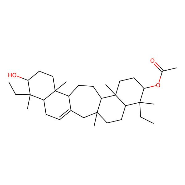 2D Structure of (7,20-Diethyl-19-hydroxy-3,7,11,16,20-pentamethyl-8-pentacyclo[13.8.0.03,12.06,11.016,21]tricos-1(23)-enyl) acetate