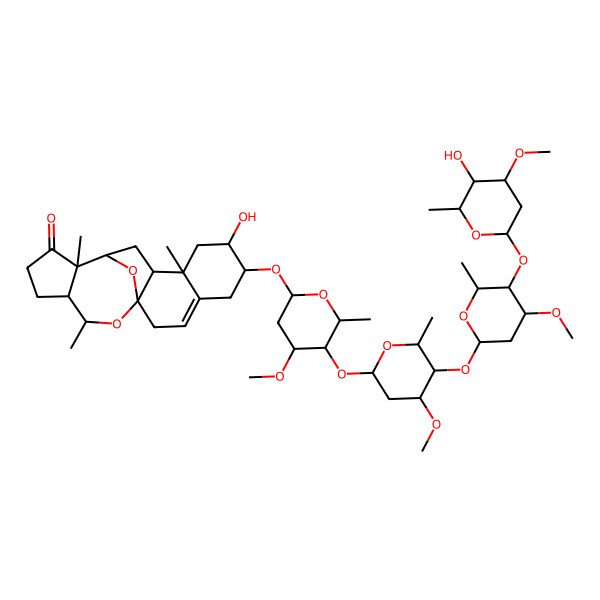 2D Structure of 7-Hydroxy-6-[5-[5-[5-(5-hydroxy-4-methoxy-6-methyloxan-2-yl)oxy-4-methoxy-6-methyloxan-2-yl]oxy-4-methoxy-6-methyloxan-2-yl]oxy-4-methoxy-6-methyloxan-2-yl]oxy-9,13,18-trimethyl-19,20-dioxapentacyclo[10.7.1.01,10.04,9.013,17]icos-3-en-14-one