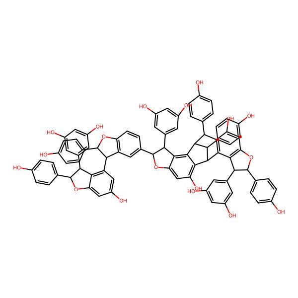 2D Structure of (1R,4R,5R,11R,15R,16R,22R)-4,15-bis(3,5-dihydroxyphenyl)-16-[(2R,3S)-3-[(2S,3S)-3-(3,5-dihydroxyphenyl)-6-hydroxy-2-(4-hydroxyphenyl)-2,3-dihydro-1-benzofuran-4-yl]-2-(4-hydroxyphenyl)-2,3-dihydro-1-benzofuran-5-yl]-5,11,22-tris(4-hydroxyphenyl)-6,17-dioxahexacyclo[10.9.1.02,10.03,7.013,21.014,18]docosa-2(10),3(7),8,13(21),14(18),19-hexaene-9,20-diol