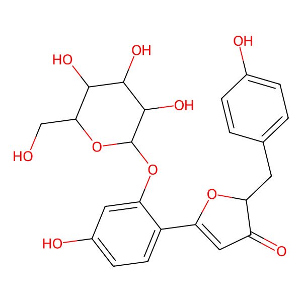 2D Structure of 2-[(4-Hydroxyphenyl)methyl]-5-[4-hydroxy-2-[3,4,5-trihydroxy-6-(hydroxymethyl)oxan-2-yl]oxyphenyl]furan-3-one