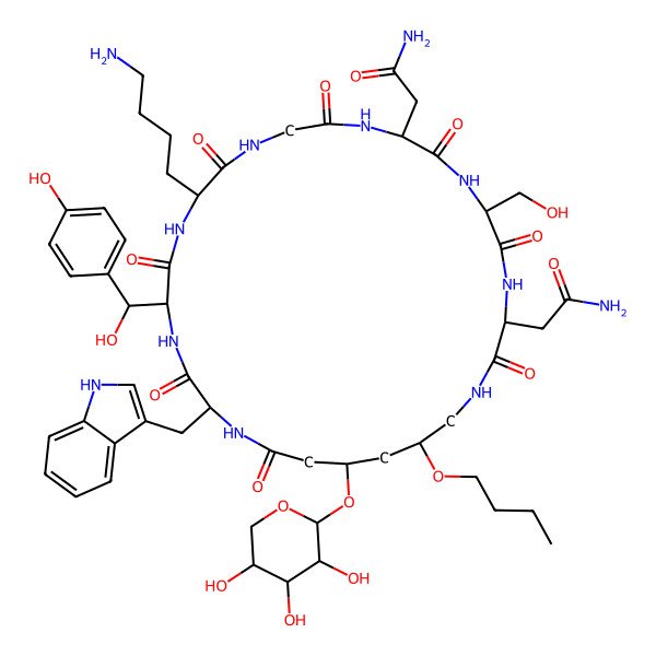 2D Structure of 2-[15-(4-aminobutyl)-3-(2-amino-2-oxoethyl)-27-butoxy-18-[hydroxy-(4-hydroxyphenyl)methyl]-6-(hydroxymethyl)-21-(1H-indol-3-ylmethyl)-2,5,8,11,14,17,20,23-octaoxo-25-(3,4,5-trihydroxyoxan-2-yl)oxy-1,4,7,10,13,16,19,22-octazacyclooctacos-9-yl]acetamide