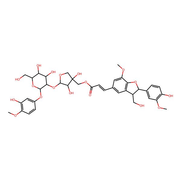2D Structure of [(3S,4R,5S)-5-[(2S,3R,4S,5S,6R)-4,5-dihydroxy-2-(3-hydroxy-4-methoxyphenoxy)-6-(hydroxymethyl)oxan-3-yl]oxy-3,4-dihydroxyoxolan-3-yl]methyl (E)-3-[(2R,3R)-2-(4-hydroxy-3-methoxyphenyl)-3-(hydroxymethyl)-7-methoxy-2,3-dihydro-1-benzofuran-5-yl]prop-2-enoate
