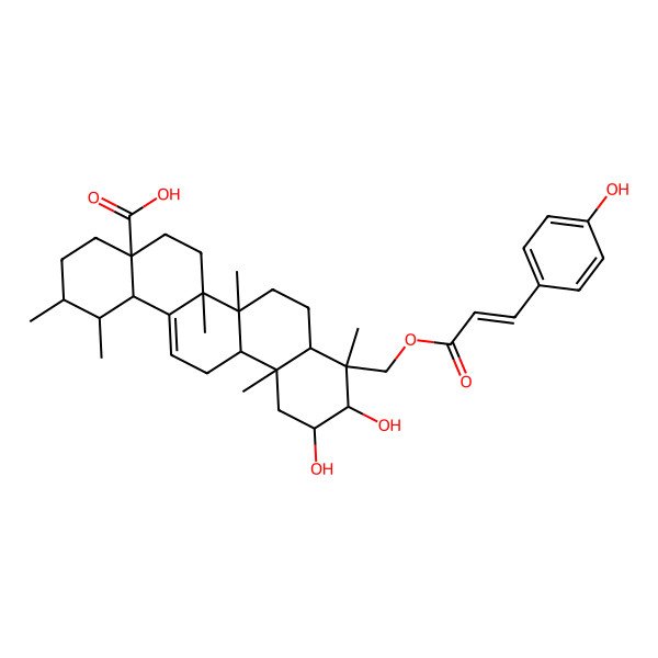2D Structure of (1S,2R,4aS,6aS,6bR,9S,10R,11R,12aR)-10,11-dihydroxy-9-[[(E)-3-(4-hydroxyphenyl)prop-2-enoyl]oxymethyl]-1,2,6a,6b,9,12a-hexamethyl-2,3,4,5,6,6a,7,8,8a,10,11,12,13,14b-tetradecahydro-1H-picene-4a-carboxylic acid
