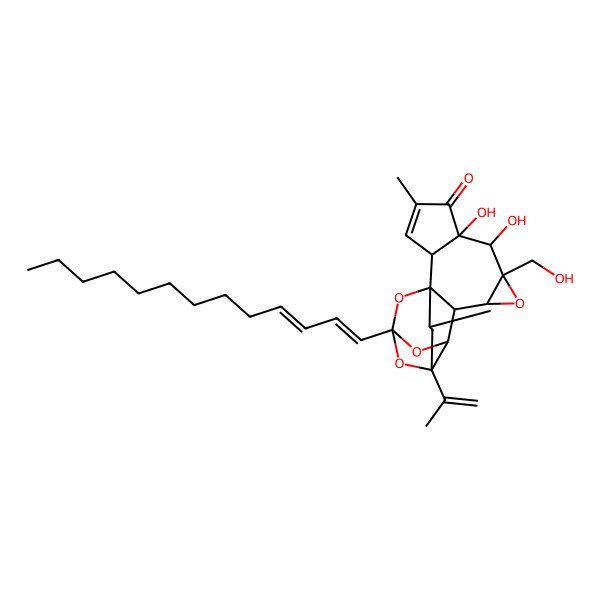 2D Structure of 6,7-Dihydroxy-8-(hydroxymethyl)-4,18-dimethyl-16-prop-1-en-2-yl-14-trideca-1,3-dienyl-9,13,15,19-tetraoxahexacyclo[12.4.1.01,11.02,6.08,10.012,16]nonadec-3-en-5-one