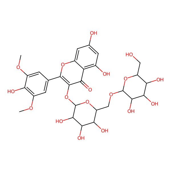 2D Structure of 5,7-Dihydroxy-2-(4-hydroxy-3,5-dimethoxyphenyl)-3-[3,4,5-trihydroxy-6-[[3,4,5-trihydroxy-6-(hydroxymethyl)oxan-2-yl]oxymethyl]oxan-2-yl]oxychromen-4-one