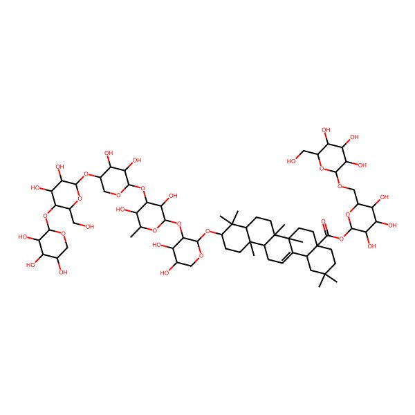 2D Structure of [(2S,3R,4S,5S,6R)-3,4,5-trihydroxy-6-[[(2R,3R,4S,5S,6R)-3,4,5-trihydroxy-6-(hydroxymethyl)oxan-2-yl]oxymethyl]oxan-2-yl] (4aS,6aR,6aS,6bR,8aR,10S,12aR,14bS)-10-[(2S,3R,4S,5S)-3-[(2S,3R,4R,5S,6S)-4-[(2S,3R,4R,5R)-5-[(2R,3R,4R,5S,6R)-3,4-dihydroxy-6-(hydroxymethyl)-5-[(2S,3R,4S,5R)-3,4,5-trihydroxyoxan-2-yl]oxyoxan-2-yl]oxy-3,4-dihydroxyoxan-2-yl]oxy-3,5-dihydroxy-6-methyloxan-2-yl]oxy-4,5-dihydroxyoxan-2-yl]oxy-2,2,6a,6b,9,9,12a-heptamethyl-1,3,4,5,6,6a,7,8,8a,10,11,12,13,14b-tetradecahydropicene-4a-carboxylate