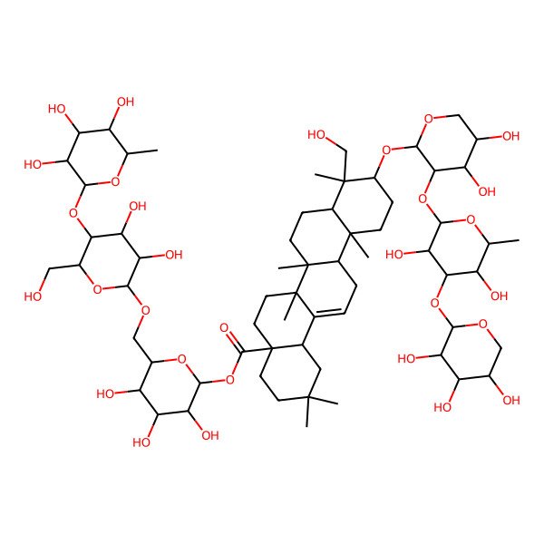 2D Structure of [6-[[3,4-Dihydroxy-6-(hydroxymethyl)-5-(3,4,5-trihydroxy-6-methyloxan-2-yl)oxyoxan-2-yl]oxymethyl]-3,4,5-trihydroxyoxan-2-yl] 10-[3-[3,5-dihydroxy-6-methyl-4-(3,4,5-trihydroxyoxan-2-yl)oxyoxan-2-yl]oxy-4,5-dihydroxyoxan-2-yl]oxy-9-(hydroxymethyl)-2,2,6a,6b,9,12a-hexamethyl-1,3,4,5,6,6a,7,8,8a,10,11,12,13,14b-tetradecahydropicene-4a-carboxylate