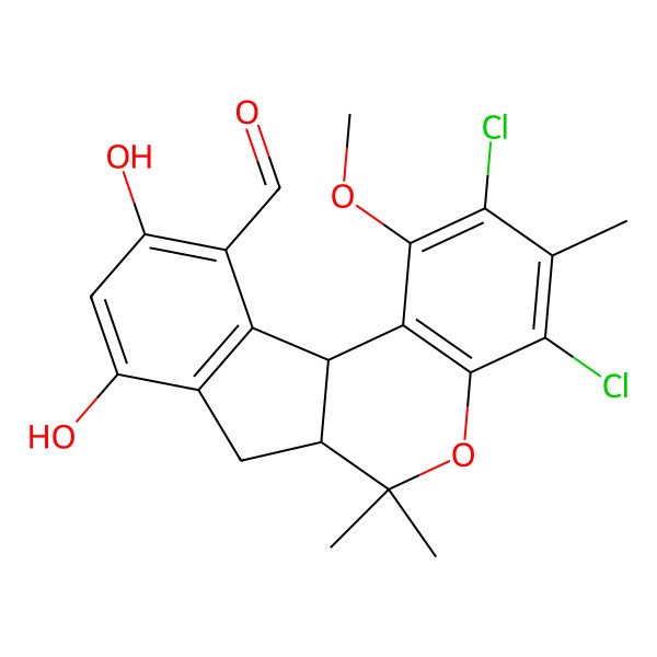 2D Structure of (6aR,11bS)-2,4-dichloro-8,10-dihydroxy-1-methoxy-3,6,6-trimethyl-7,11b-dihydro-6aH-indeno[2,1-c]chromene-11-carbaldehyde