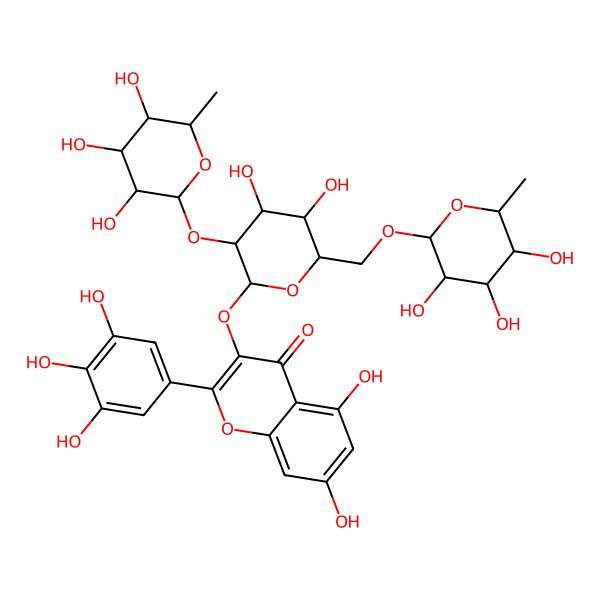 2D Structure of 3-[(2S,3S,4S,5S,6R)-4,5-dihydroxy-3-[(2S,3S,4S,5R,6R)-3,4,5-trihydroxy-6-methyloxan-2-yl]oxy-6-[[(2R,3S,4R,5R,6S)-3,4,5-trihydroxy-6-methyloxan-2-yl]oxymethyl]oxan-2-yl]oxy-5,7-dihydroxy-2-(3,4,5-trihydroxyphenyl)chromen-4-one